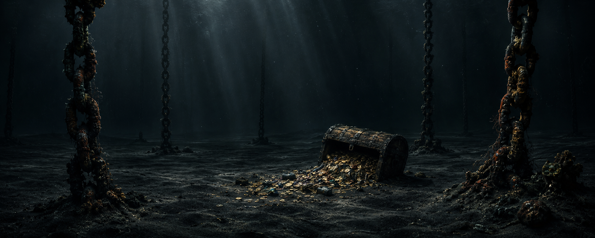 Sunken treasure chest spilling gold on the ocean floor
