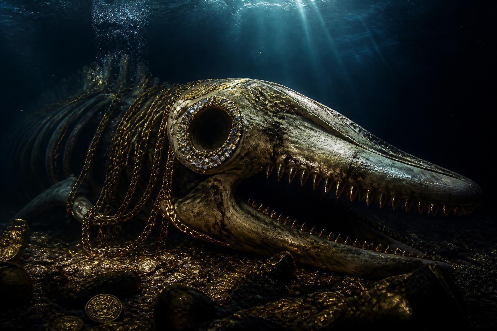 Beached skeleton whale wearing gold treasure